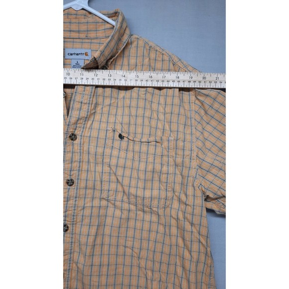 Carhartt Large Mens Yellow Plaid Short Sleeve Pockets Cotton Button Down Shirt - Picture 4 of 7